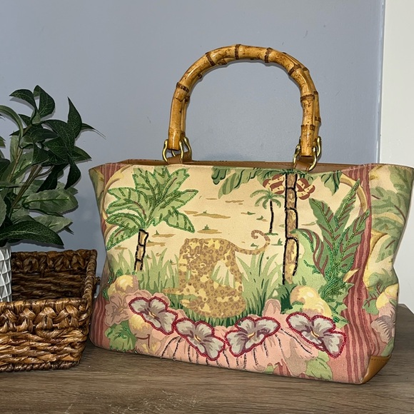 Bueno Handbags - Vintage Bueno Wearable Art Safari Pink Beaded Purse Bamboo Handles